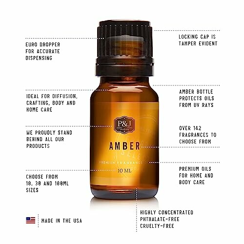 Amber essential oil bottle with labeled features.