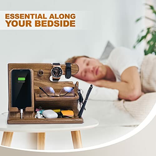 Wooden bedside organizer with phone, watch, and accessories.