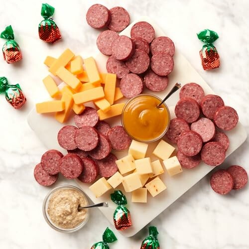 Charcuterie board with sausage, cheese, and dips.