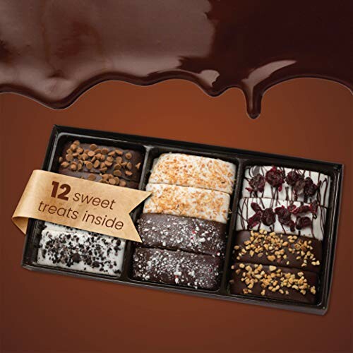 Assorted chocolate-covered biscotti gift box with 12 sweet treats.