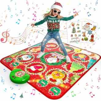 Child playing on a colorful Christmas-themed dance mat with musical notes.