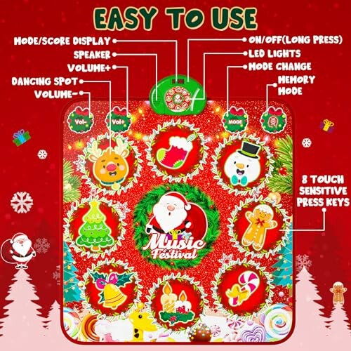 Christmas-themed musical toy with buttons and features highlighted.