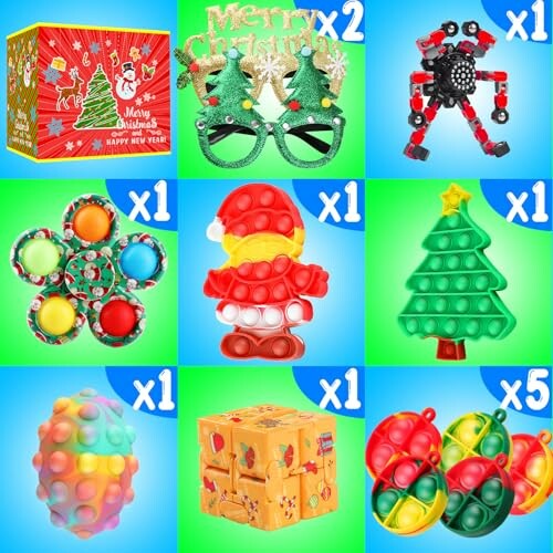 Christmas-themed toy bundle with glasses, pop-its, and cube.