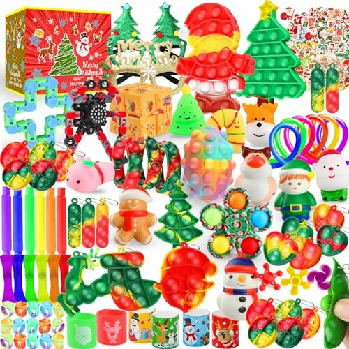 Assorted Christmas-themed toys and fidget items.