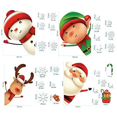 Christmas wall decals with snowman, elf, reindeer, Santa, and gifts.