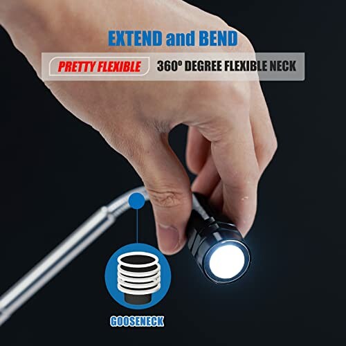 Hand holding an extendable flashlight with flexible neck feature.