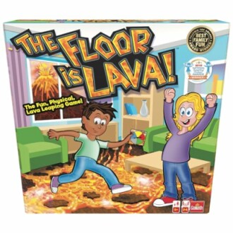 The Floor is Lava board game box with cartoon kids jumping over lava.