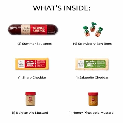 Contents of a gift box including summer sausages, strawberry bon bons, sharp cheddar, jalapeno cheddar, Belgian ale mustard, and honey pineapple mustard.