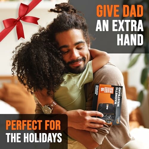 Father hugging child holding a magnetic wristband gift