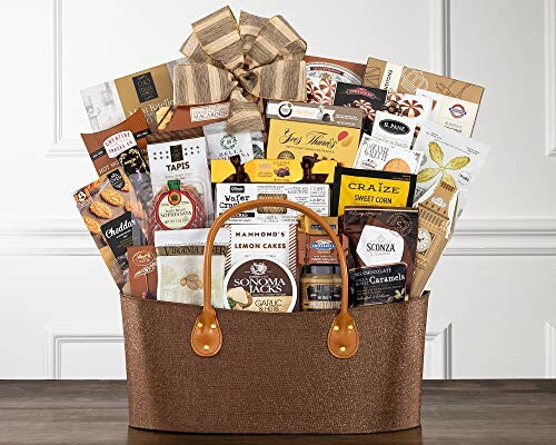 Assorted gourmet snacks in a decorative basket