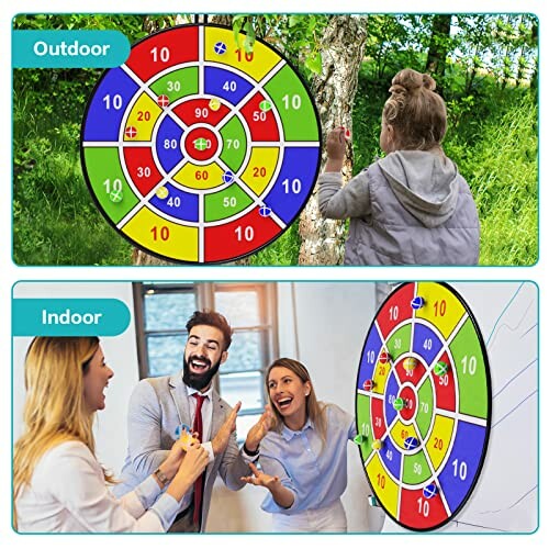 People playing an indoor and outdoor dart game, featuring colorful dart boards.