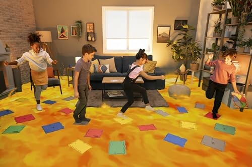 Children playing a game of 'the floor is lava' in a living room.