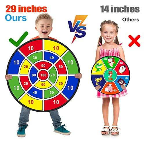 Comparison of two kids holding different sized target game boards.