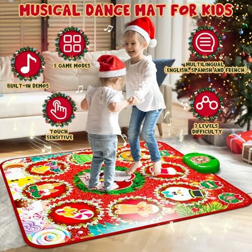 Two children playing on a colorful musical dance mat with Christmas decorations.