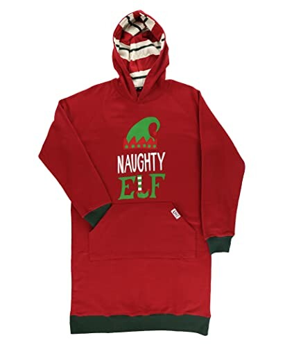 Red hoodie with 'Naughty Elf' text and elf hat design