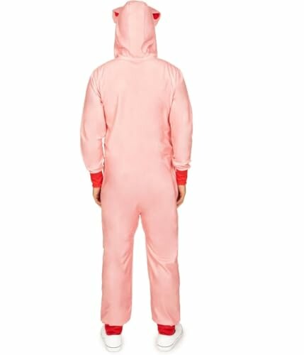 Person wearing a pink animal onesie with hood, viewed from the back.