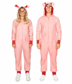 Two people in pink pig onesies with ears and glasses.