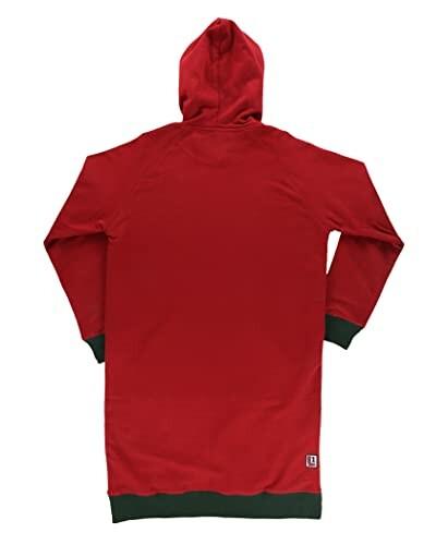 Back view of a red hoodie with black cuffs and hem