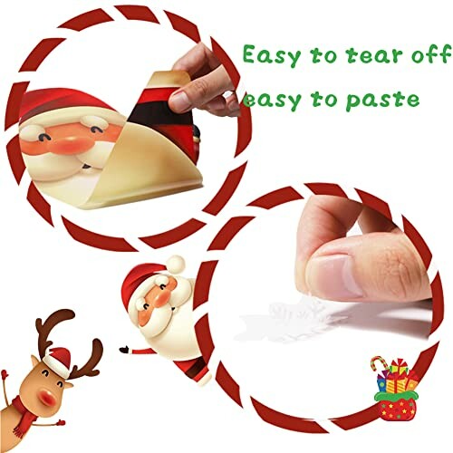 Santa-themed stickers with easy peel and paste feature.