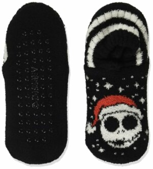 Cozy black slippers with skull wearing Santa hat design.