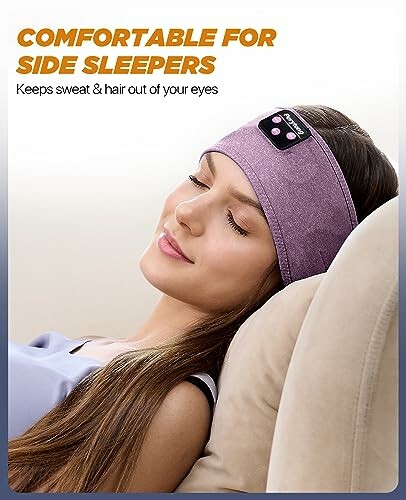 Woman wearing a purple sleep headband, resting on a pillow.