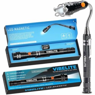 Vibelite LED magnetic flashlight with telescopic head and base.