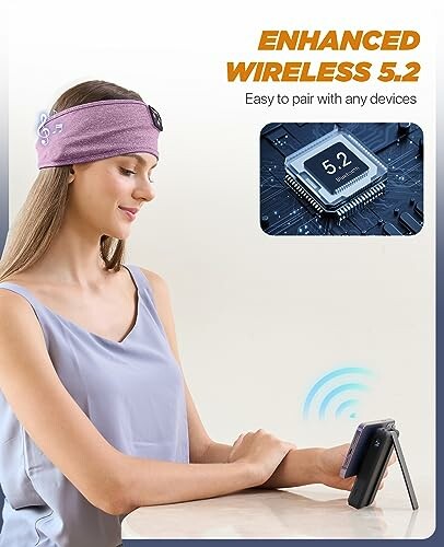 Woman using a wireless headband with Bluetooth 5.2 technology.