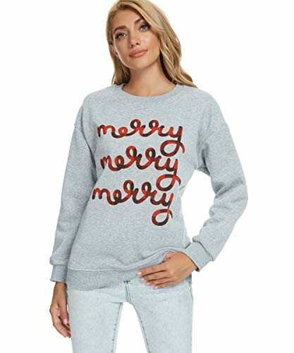 Woman wearing a gray sweatshirt with 'merry' printed three times in red.