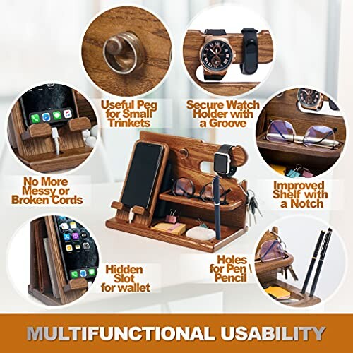 Wooden docking station with features for organizing gadgets and accessories.